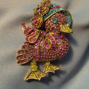 Duck Brooch Statement Rhinestone Bird 3.25" Gold Tone NWOT